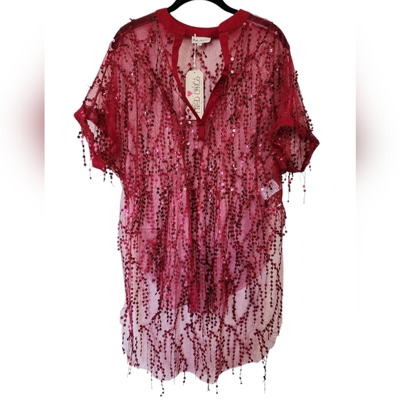 Elan Tops - SOUTHERN FRIED CHICS red sequined top, hi-low hem, tunic, size L